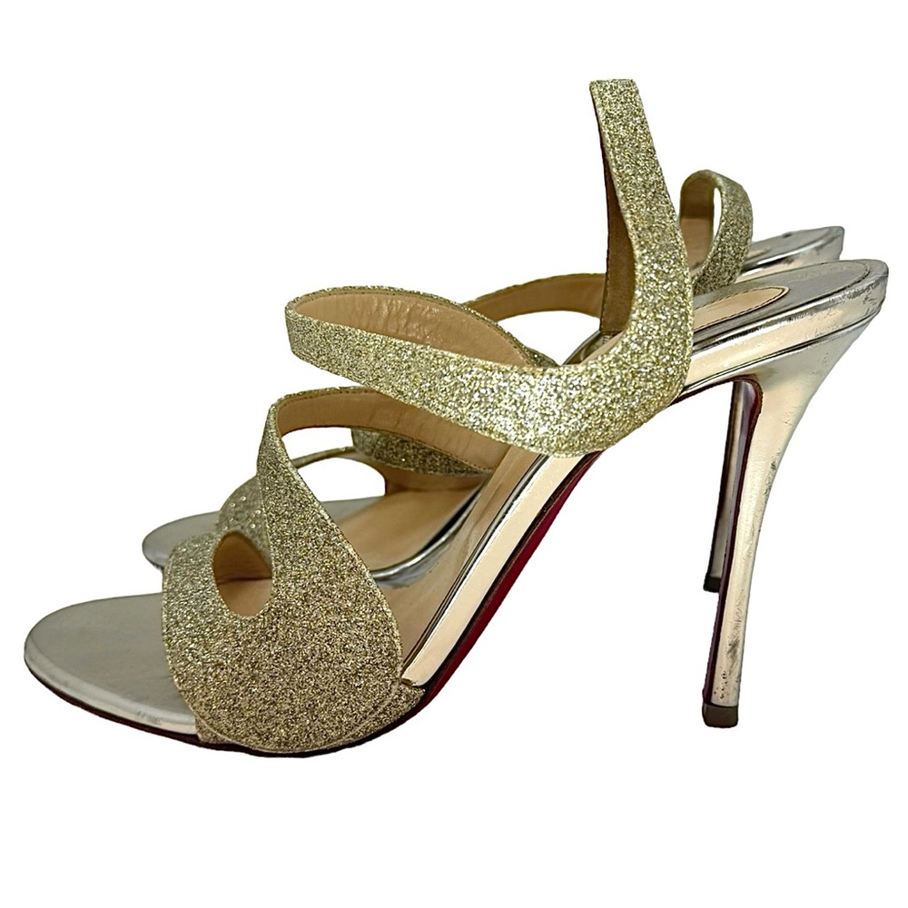 Christian Louboutin Vavazou Gold Glitter Strappy Sandal Pump Shoes 38.5